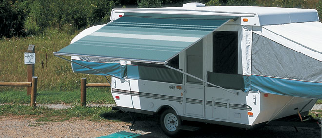 Striped open RV awning