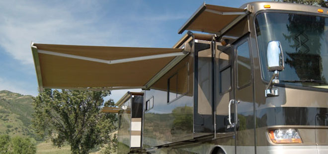 Motor home with open awning