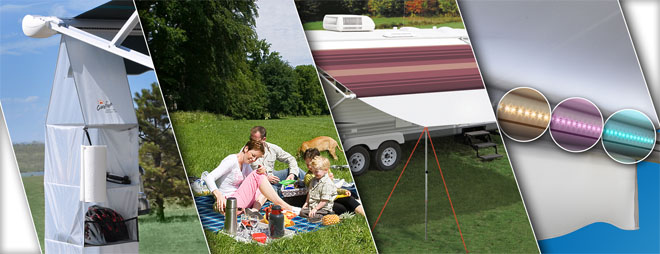 Families picnicking while camping near RVs with awnings
