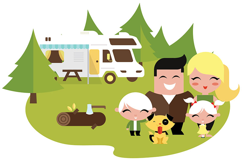 Cartoon of family with RV Camper