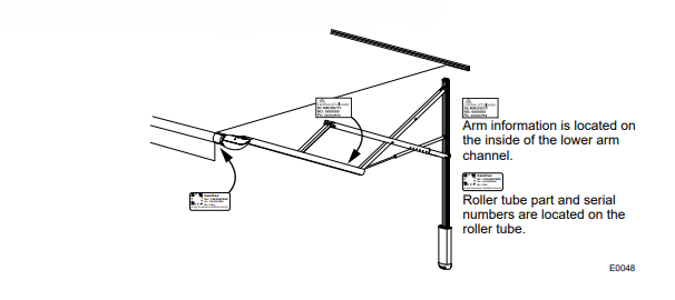 Diagram of Eclipse XL Awning serial and part number sticker locations