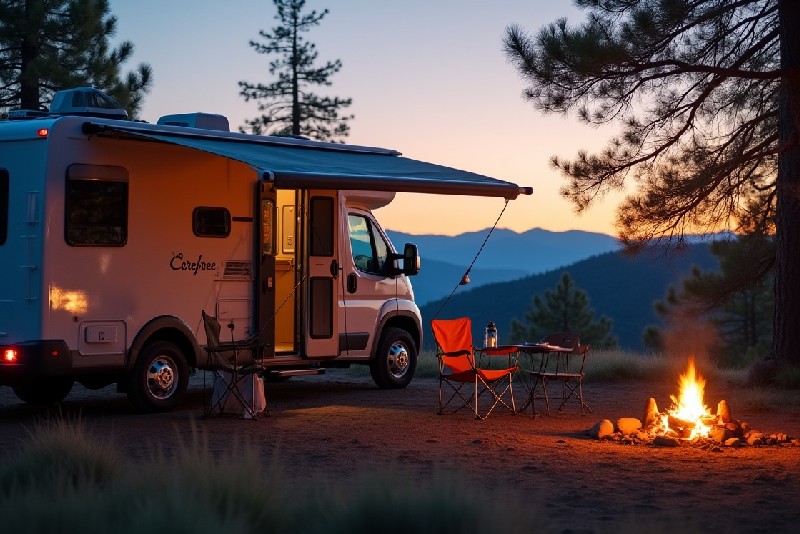 RV parked at scenic campsite with Carefree awning, camping chairs, and campfire at sunset in the mountains, essential gear for beginner RVers
